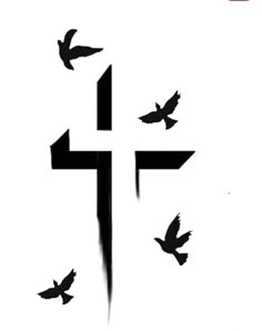 a cross with birds flying around it