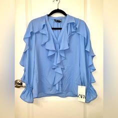 Brand New Beautiful Zara Shirt Zara Light Blue Workwear Blouse, Blue Ruffled Shirt For Fall, Chic Light Blue Zara Shirt, Chic Zara Light Blue Shirt, Elegant Light Blue Zara Top, Zara Blue V-neck Top, Zara Light Blue Blouse For Fall, Zara Light Blue Ruffled Tops, Zara Blue Long Sleeve Blouse