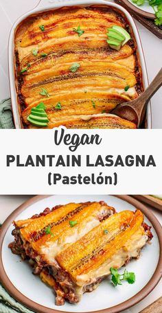 vegan plantain lasagna in a casserole dish on a plate