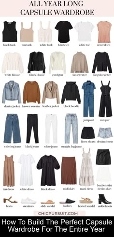 Are you looking for an easy way to build a year round capsule wardrobe from scratch? If so, these are the exact (and only!) pieces you need. Year Round Capsule Wardrobe, Wardrobe From Scratch, Minimalist Wardrobe Capsule, Capsule Wardrobe Casual, Capsule Wardrobe Women, Perfect Capsule Wardrobe, Vacation Videos, Classic Capsule Wardrobe, Mode Hippie