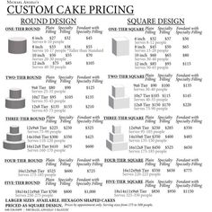 an info sheet with different types of cakes and pricing for each cake, as well as prices