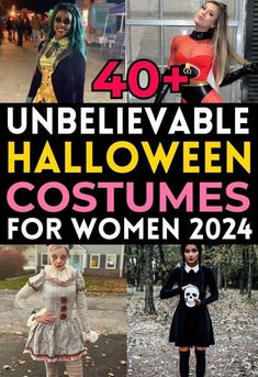 four different halloween costumes for women with text overlay that reads 40 unbelevable halloween costumes for women 2014