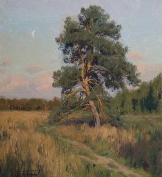 an oil painting of a tree in the middle of a grassy field with a path leading to it