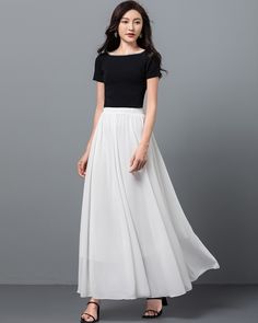 * A long skirt with elastic waist. * A-line shape and wide hem, can make you look more taller and slimmer. * Made of pearl chiffon and fully lined. * Can custom make waist size and skirt length. * Material: 100% polyester * Size: True to US size, US 0-US 20 are available, you can let us know your usual size and height in your order. * Shipping: Free shipping Processing time : 5-7 Business days Delivery time : 7-20 Business days Tracking number available If you need rush order or expedited shippi Flowy A-line Dress With Lined Skirt, Chic A-line Lined Maxi Skirt, Chic A-line Maxi Skirt With Relaxed Fit, Chic A-line Maxi Skirt With Lining, White A-line Dress With Flowy Skirt, Chic A-line Maxi Skirt In Solid Color, Summer Maxi Dress With Voluminous Flared Skirt, White Relaxed A-line Skirt, Chic A-line Flowy Maxi Dress