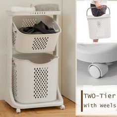 two - tier laundry basket with wheels in white and grey color, on wooden floor