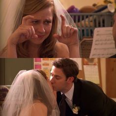 a man and woman kissing each other on their wedding day