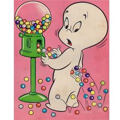 an image of a cartoon character playing with gumballs in front of a candy dispenser