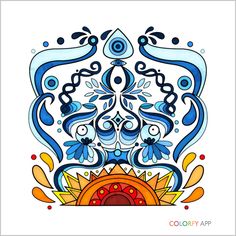 an artistic painting with blue and orange colors on white paper, depicting the design for a wall