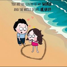 a man and woman standing on top of a beach next to the ocean with a heart drawn in the sand