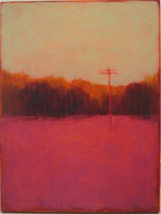 an abstract painting of a cross in the middle of a field with trees behind it