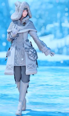 a woman is walking down the runway in winter clothes