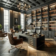 an office with wooden floors and lots of bookshelves, leather chairs and desks