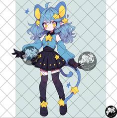 an anime character with blue hair and yellow stars on her head, holding a cat