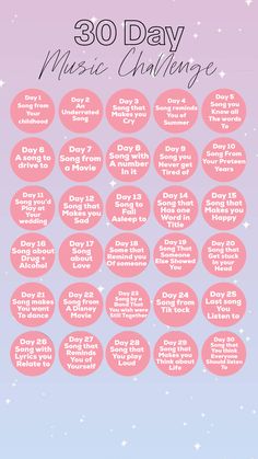 the 30 day music challenge is shown in pink and blue, with stars on it