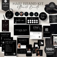 the hair brand kit is displayed on a white background with black and silver items around it