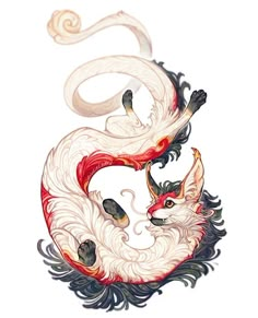 an artistic drawing of a white and red dragon