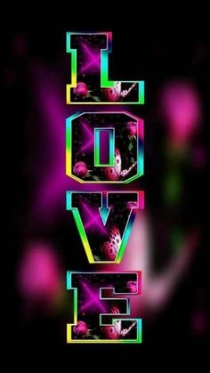 the word love is made up of colorful letters and flowers on a black background with an abstract