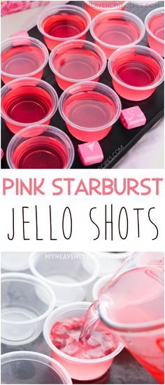 pink starburst jello shots in plastic cups with the words, pink starburst jello shots