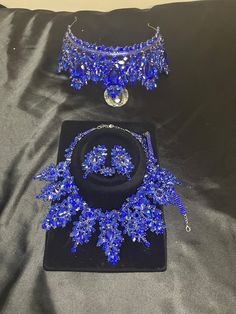 Royal Blue Crown Set, Necklace Set, Earrings, Quinceanera Crown, Wedding Crown, Bridal, Bride, Tiara, Corona, Tiara Set Quinceanera Crown, Blue Crown, Wedding Crown, Quinceanera, Wedding Hair Accessories, Royal Blue, Tiara, Necklace Set, Wedding Accessories