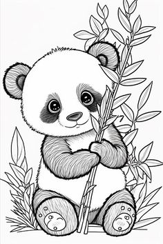 a black and white panda bear sitting on top of a tree holding a bamboo branch