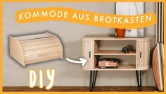 a wooden shelf sitting next to a wall with an orange banner above it that says, komode aus broksten diy