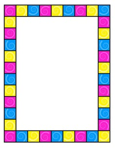 a colorful square frame with swirls and circles on the edges in pink, blue, yellow