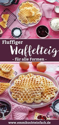 some waffles and other food on a pink table cloth with the words fluffiger waffleteig