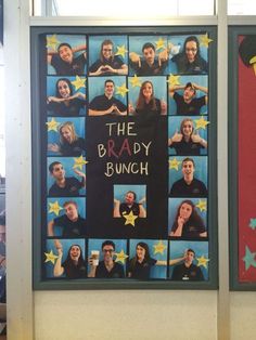 a group of people are posing in front of a black board with the words the brady bunch written on it