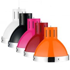 three different colored lamps are hanging from the same light fixture, one is black, one is pink and one is orange