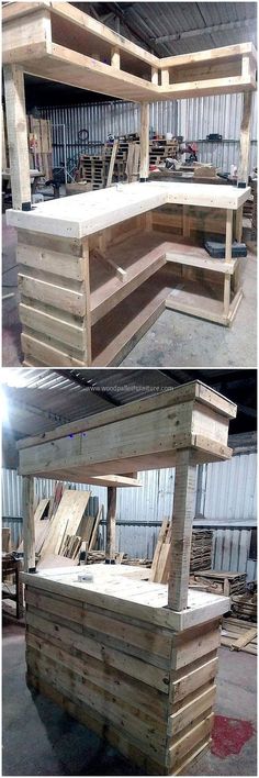 two pictures showing the different parts of a bench made out of pallets and wood