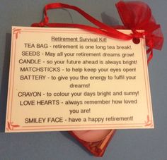 a sign that says retirement survival kit on the back of a hand with a red ribbon around it