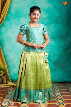 Pattu Pavadai Designs Women, Pattu Pavadai Kids Blouse Designs, Pavadai Sattai Designs, Pattu Pavadai Designs, Daytime Glam, Pavadai Sattai, Parrot Green, Kids Blouse Designs