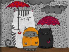 three cats are standing under umbrellas in the rain while one cat is holding an umbrella