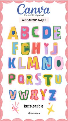 an alphabet poster with the letters and numbers in different colors, including pink, blue, yellow