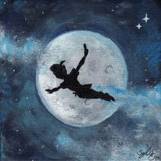 a painting of a person flying through the air in front of a full moon with stars