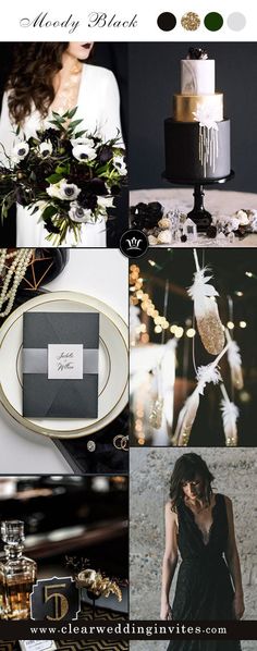 black and white wedding color palettes with gold, silver, and green accents for the bride