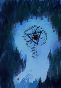 an aerial view of a snow covered forest with a clock in the middle and blood on the ground