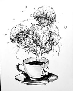 an ink drawing of jellyfish in a coffee cup with saucer on the side