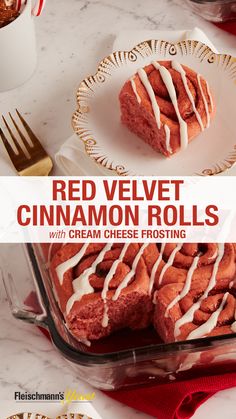 red velvet cinnamon rolls with cream cheese frosting on a white plate and in a glass casserole dish