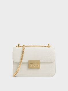 Chalk Croc-Effect Chain Strap Crossbody Bag - CHARLES & KEITH US Charles And Keith, Purse Trends, Chain Strap Bag, Leather Sling Bag, White Purses, Strap Bag, Charles Keith, Bag Trends, Chain Bags