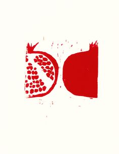 a red and white drawing of a pomegranate