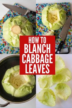 how to blancch cabbage leaves in an iron skillet with the title overlay