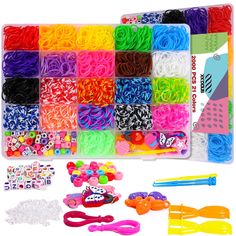 assorted rubber bands and accessories for making bracelets, necklaces or hair clips