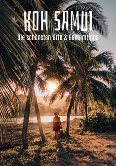 a woman walking down a path between two palm trees with the sun setting behind her