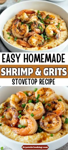 shrimp and grits in a white bowl with text overlay that reads easy homemade shrimp and grits stovetop recipe