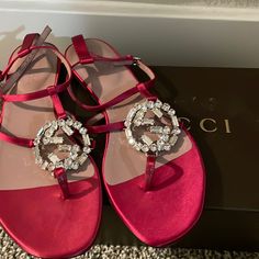 Gucci Pink Satin Sandal, With Crystal Embellishments. Never Worn, Size 6 1/2 Elegant Gucci Flat Sandals, Gucci Flat Sandals For Formal Occasions, Gucci Formal Flat Sandals, Designer Embellished Flat Sandals, Glamorous Gucci Sandals For Party, Glamorous Gucci Party Sandals, Designer Flat Sandals For Formal Occasions, Gucci Pink, Shoes Gucci