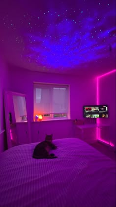 a cat laying on top of a bed in a room with purple lighting and stars