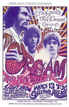 13.3.1968; cream - blue cheer; usa, fresno, selland arena; (db) Wes Wilson, Cream Band, Concert Poster Art, Blue Cheer, Band Poster, Psy Art