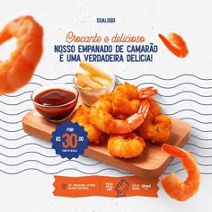 an advertisement for shrimp and fries with dipping sauce