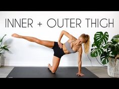 a woman doing a yoga pose with the words inner and outer thigh